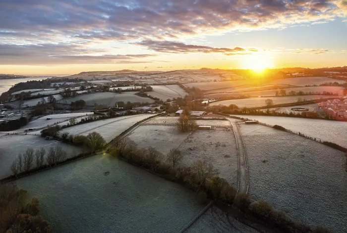Framed Print : Sunrise over Fields and River Teign Print, Devon, England Framed Print : Sunrise over Fields and River Teign Print, Devon, England