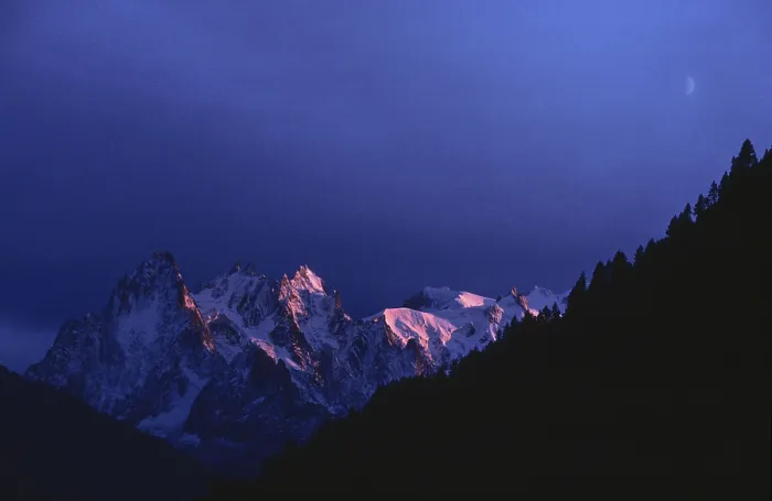 Framed Print : Sunset and Crescent over Granite Needles of Chamonix Print Framed Print : Sunset and Crescent over Granite Needles of Chamonix Print