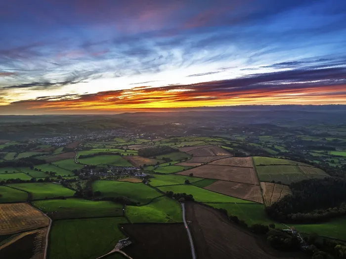 Framed Print : Devon Sunset Print from a Drone over Berry Pomeroy, Totnes Framed Print : Devon Sunset Print from a Drone over Berry Pomeroy, Totnes