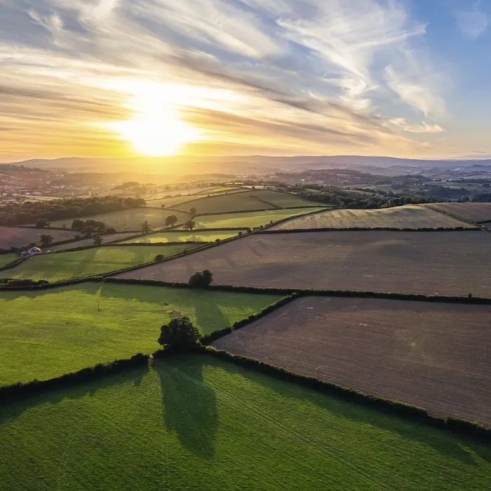 Framed Print : Print of Sunset over Devon Fields from a Drone, England Framed Print : Print of Sunset over Devon Fields from a Drone, England