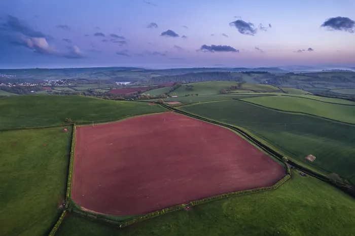 Framed Print : Sunset over fields and farms Print, Torquay, Devon, England