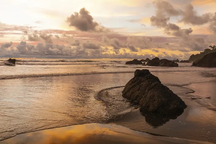 Framed Print : Print of Sunset on Sandy Beach with Lava Rocks, Colombia Framed Print : Print of Sunset on Sandy Beach with Lava Rocks, Colombia