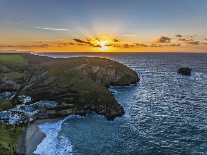 Framed Print : Print of Sunset over sea and cliffs from a drone, Cornwall Framed Print : Print of Sunset over sea and cliffs from a drone, Cornwall