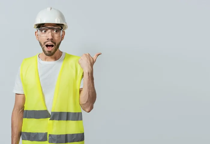 Framed Print : Surprised Engineer Pointing to the Side Print