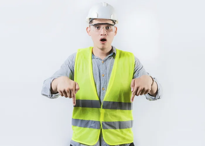 Framed Print : Surprised Engineer Pointing Down Print Framed Print : Surprised Engineer Pointing Down Print