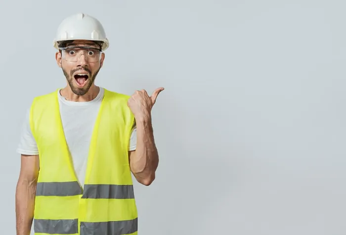 Framed Print : Surprised Construction Worker Points at Ad Print Framed Print : Surprised Construction Worker Points at Ad Print