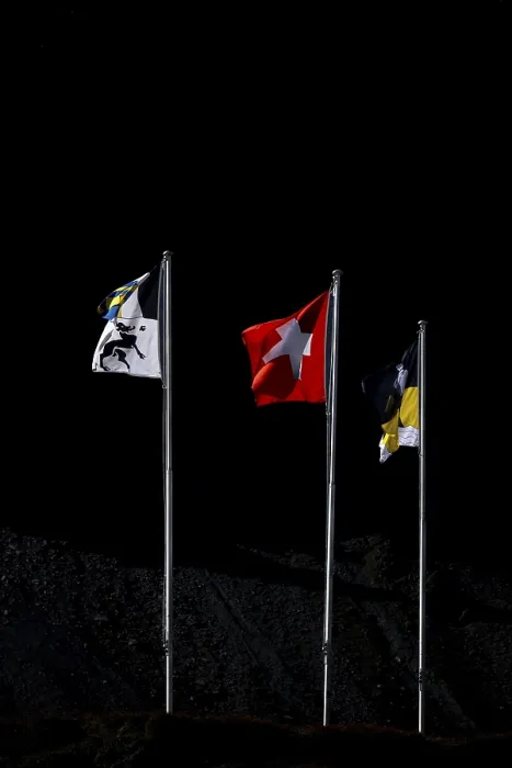 Framed Print : Swiss Flags Print against Black Background, St Moritz Framed Print : Swiss Flags Print against Black Background, St Moritz