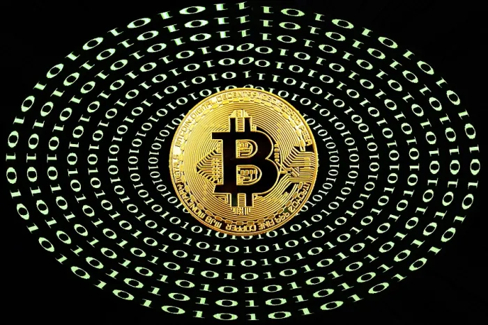Framed Print : Bitcoin Digital Currency Print with Binary Code Framed Print : Bitcoin Digital Currency Print with Binary Code