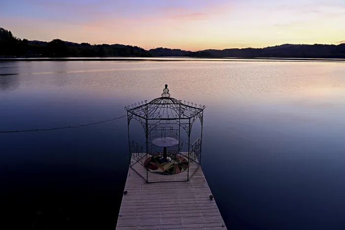 Framed Print : Table with two chairs on a pier at Lac d'Aiguebelette Print Framed Print : Table with two chairs on a pier at Lac d'Aiguebelette Print