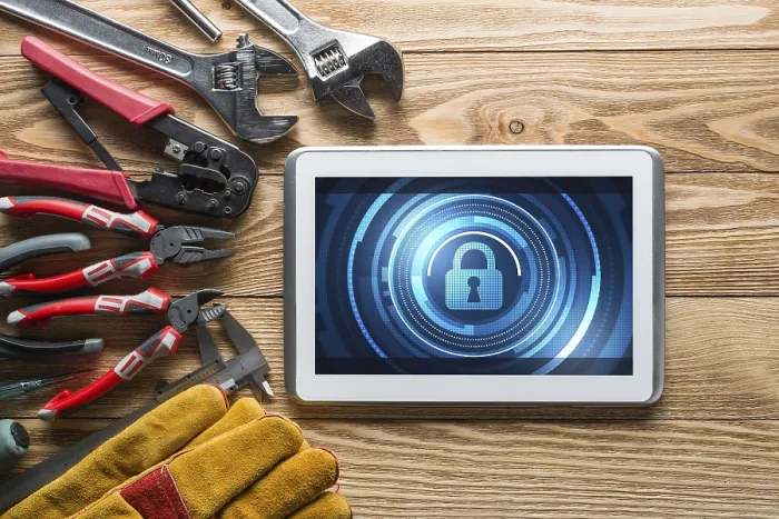 Framed Print : Tablet PC with Security Concept and Industrial Tools Print Framed Print : Tablet PC with Security Concept and Industrial Tools Print