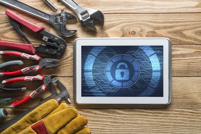 Framed Print : Tablet PC with Security Concept and Industrial Tools - Print Framed Print : Tablet PC with Security Concept and Industrial Tools - Print