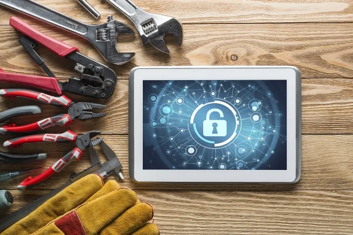 Framed Print : Tablet PC with Security Concept and Industrial Tools - Print Framed Print : Tablet PC with Security Concept and Industrial Tools - Print