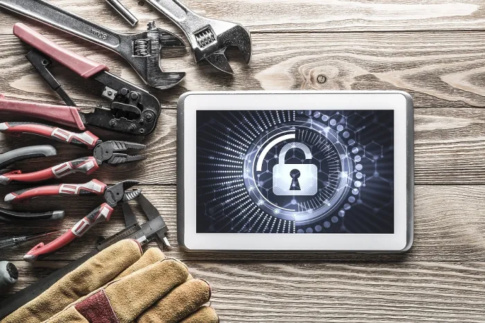 Framed Print : Tablet PC with Security Concept and Industrial Tools - Print Framed Print : Tablet PC with Security Concept and Industrial Tools - Print