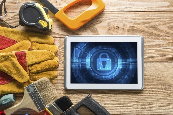 Framed Print : Tablet PC with Security Concept and Industrial Tools - Print Framed Print : Tablet PC with Security Concept and Industrial Tools - Print