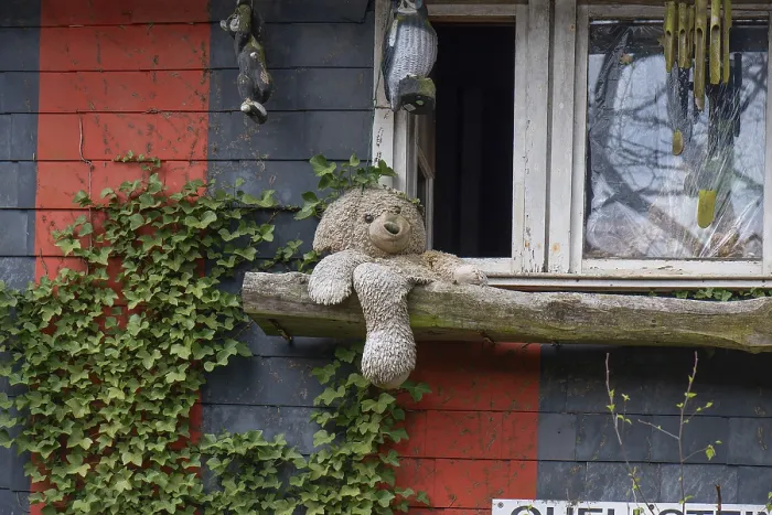 Framed Print : Teddy Bear in Front of a Window Print, Siegen, Germany