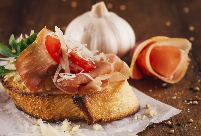 Framed Print : Toasted Bread Slice with Prosciutto and Parmesan Print Framed Print : Toasted Bread Slice with Prosciutto and Parmesan Print