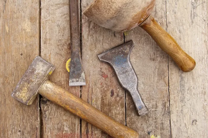 Framed Print : Tool Bench Print with Hammers and Chisel from Above