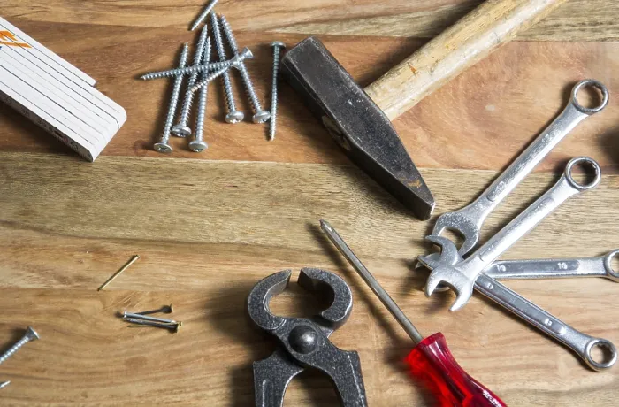Framed Print : Tool Print on Wood by imageBROKER
