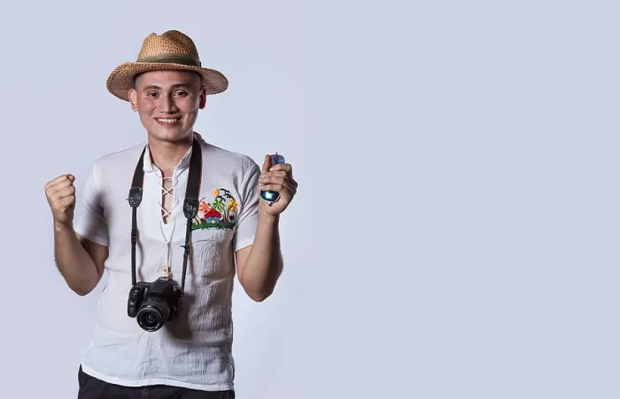 Framed Print : Tourist in a hat with a camera Print Framed Print : Tourist in a hat with a camera Print