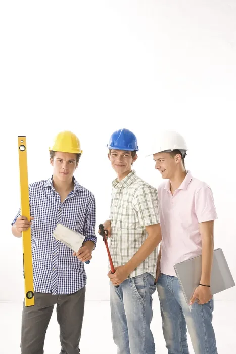 Framed Print : Three Trainees with Helmets and Tools Print Framed Print : Three Trainees with Helmets and Tools Print