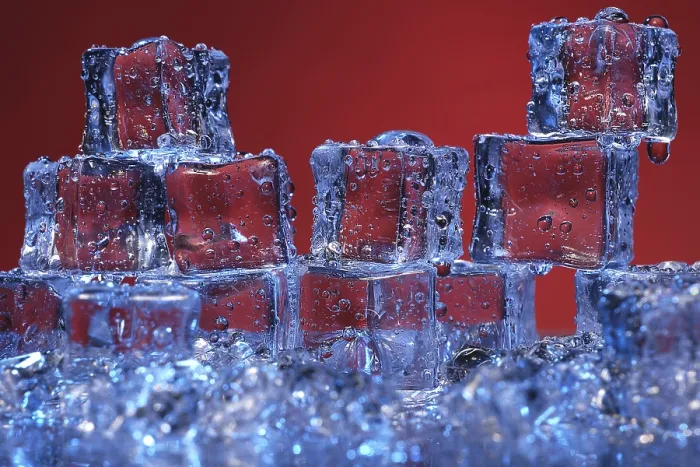 Framed Print : Transparent Cold Ice Cubes Print on Red Background Framed Print : Transparent Cold Ice Cubes Print on Red Background