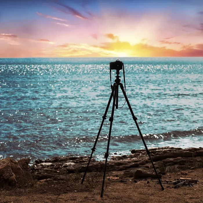 Framed Print : Colourful Beach Sunset Print with Camera Stands Framed Print : Colourful Beach Sunset Print with Camera Stands