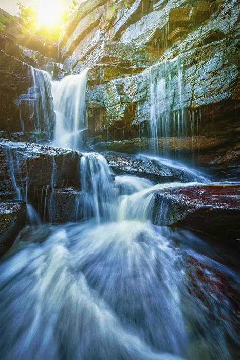 Framed Print : Tropical Waterfall Print with Sun Rays and Lens Flare Framed Print : Tropical Waterfall Print with Sun Rays and Lens Flare