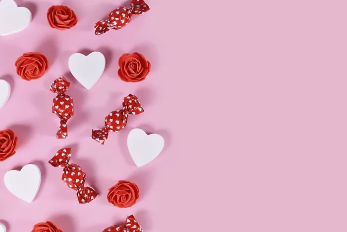 Framed Print : Valentine's Day Print: Pink Background with Candy and Roses Framed Print : Valentine's Day Print: Pink Background with Candy and Roses
