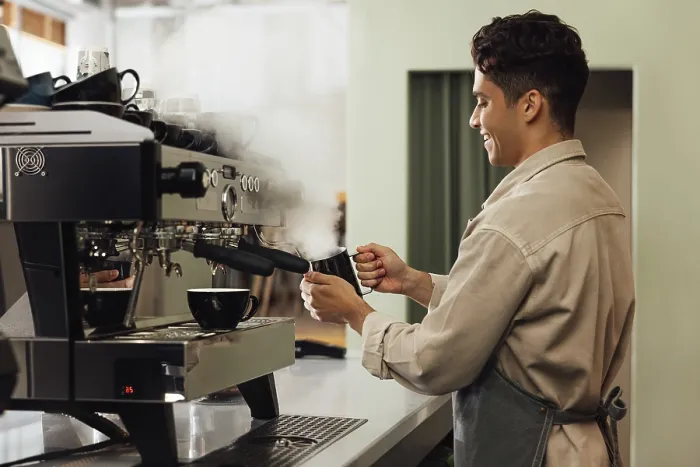 Framed Print : Side View of Barista Using Coffee Machine Print Framed Print : Side View of Barista Using Coffee Machine Print