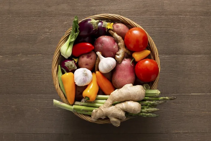 Framed Print : Top View Basket with Vegetables Print
