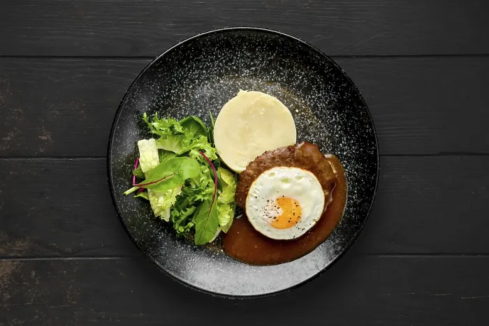Framed Print : Top View of Beef Cutlet with Fried Egg Print Framed Print : Top View of Beef Cutlet with Fried Egg Print