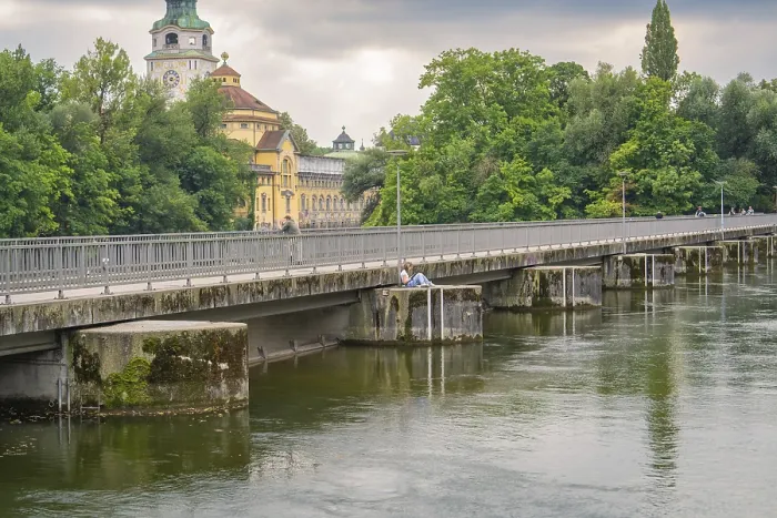 Framed Print : View of a bridge over a quiet river, Munich Germany Print Framed Print : View of a bridge over a quiet river, Munich Germany Print