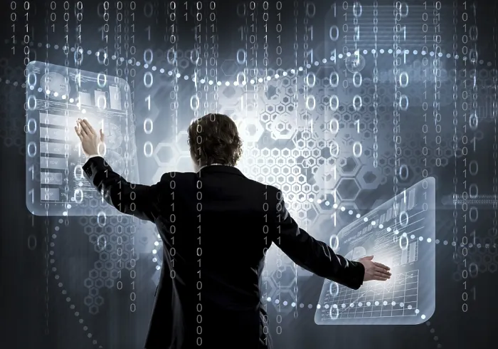 Framed Print : Back View of Businessman Working with Virtual Panel Print Framed Print : Back View of Businessman Working with Virtual Panel Print
