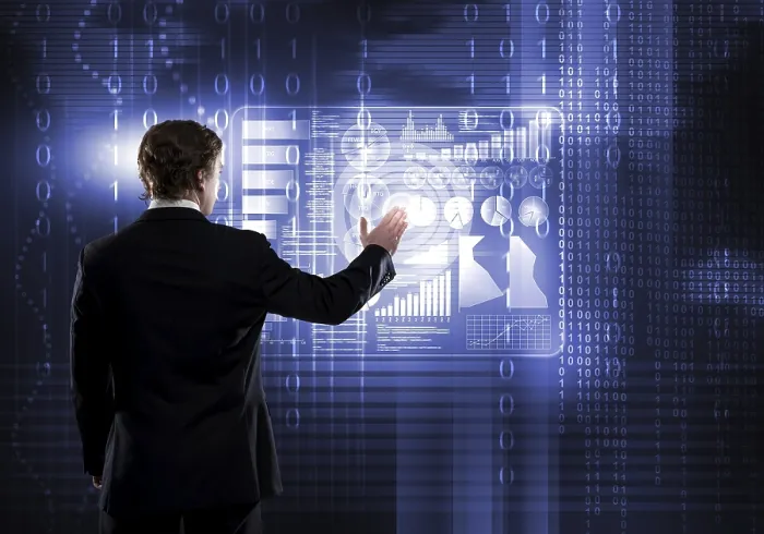 Framed Print : Back View of Businessman Working with Virtual Panel Print Framed Print : Back View of Businessman Working with Virtual Panel Print