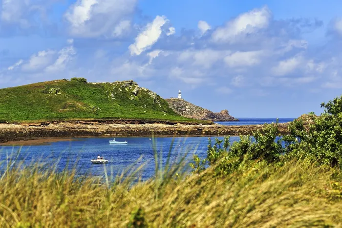 Framed Print : View of coastline with lighthouse Print, Isles of Scilly, Cornwall Framed Print : View of coastline with lighthouse Print, Isles of Scilly, Cornwall