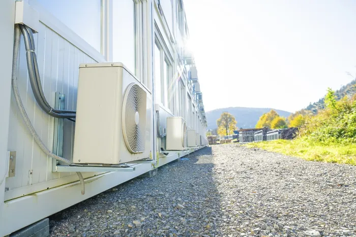 Framed Print : Side View of Refugee Accommodation Containers with Air Conditioning Print Framed Print : Side View of Refugee Accommodation Containers with Air Conditioning Print