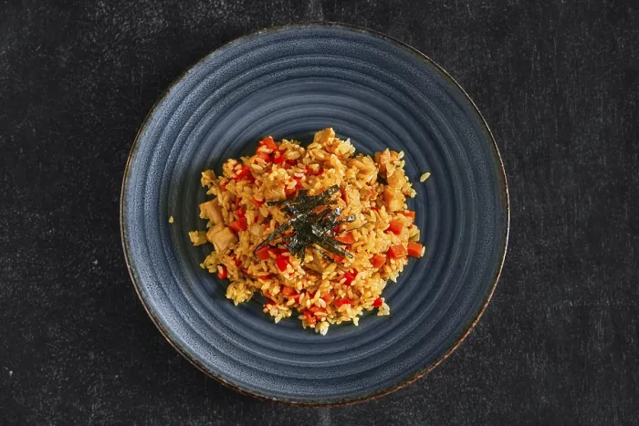 Framed Print : Top View Curry Risotto Print with Chicken and Bell Pepper Framed Print : Top View Curry Risotto Print with Chicken and Bell Pepper