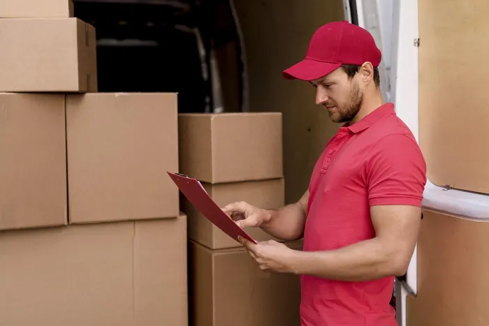 Framed Print : Side View Delivery Man Checking Packages List Print Framed Print : Side View Delivery Man Checking Packages List Print