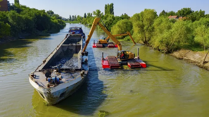 Framed Print : Above View Print of Dredging Excavators in Polluted Waterway Framed Print : Above View Print of Dredging Excavators in Polluted Waterway