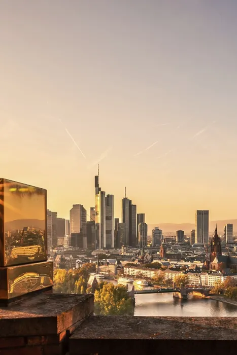 Framed Print : View over Frankfurt Print, Sunset Skyline with River Main Framed Print : View over Frankfurt Print, Sunset Skyline with River Main