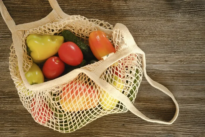 Framed Print : Fresh Vegetables in Reusable String Bag Print Framed Print : Fresh Vegetables in Reusable String Bag Print