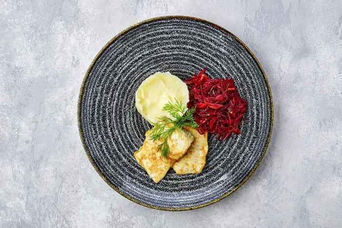 Framed Print : Top View Print of Fried Hake with Mashed Potato and Beetroot Framed Print : Top View Print of Fried Hake with Mashed Potato and Beetroot