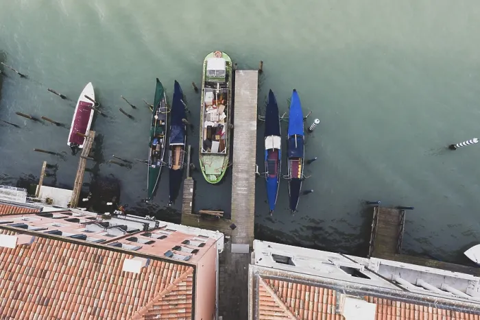 Framed Print : Top View Print of Gondolas and Boats Docking in Venice Framed Print : Top View Print of Gondolas and Boats Docking in Venice