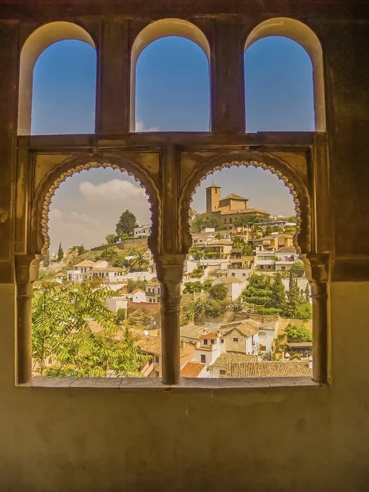 Framed Print : View over Granada through Arab Arched Window Print, Spain Framed Print : View over Granada through Arab Arched Window Print, Spain