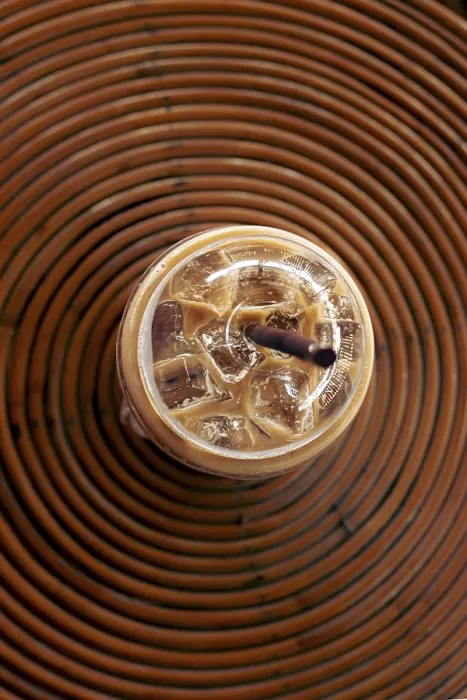 Framed Print : Top View of Iced Coffee Print with Rattan Table Framed Print : Top View of Iced Coffee Print with Rattan Table