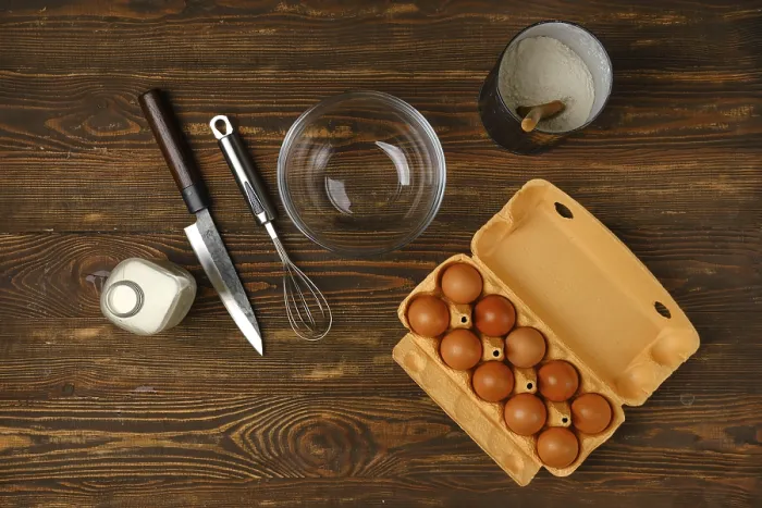 Framed Print : Top View of Kitchen Table with Scrambled Egg Ingredients Print Framed Print : Top View of Kitchen Table with Scrambled Egg Ingredients Print