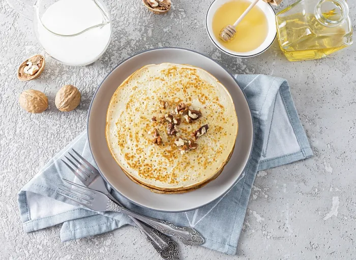 Framed Print : Top View of Crepes with Honey and Walnuts Print Framed Print : Top View of Crepes with Honey and Walnuts Print