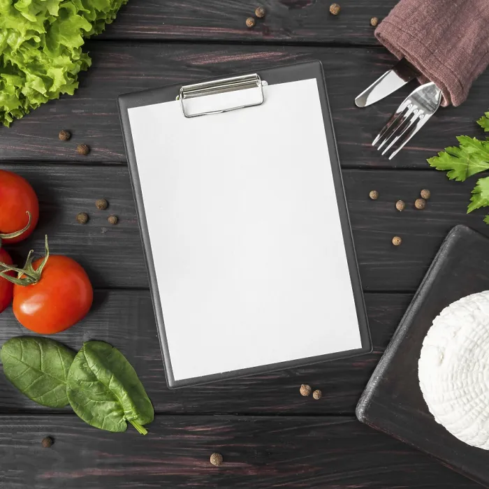 Framed Print : Top View Empty Menu with Tomatoes and Spinach Print Framed Print : Top View Empty Menu with Tomatoes and Spinach Print