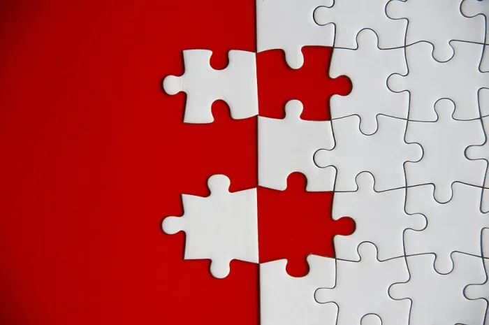 Framed Print : Missing Jigsaw Puzzle Print on Red Background