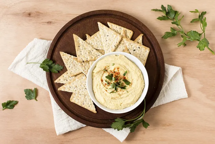 Framed Print : Top View Print of Nacho Chips with Hummus Framed Print : Top View Print of Nacho Chips with Hummus